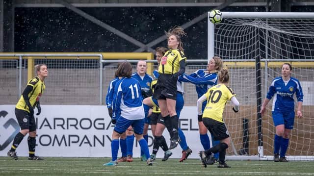 Harrogate Town Ladies on the attack during Sunday's derby triumph over Harrogate Railway. Picture: Caught Light Photography