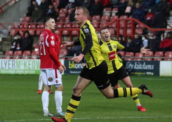 Mark Beck celebrated after giving Harrogate Town the lead at Wrexham. Picture: Town Pix