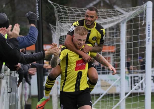 Terry Kennedy celebrates after giving Harrogate Town the lead against North Ferriby United. Picture: Town Pix