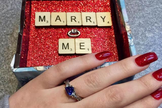 Leigh-Ann's beautiful ring with the engagement box her fiance, Dan, surprised her with. Picture: Leigh-Ann Walker