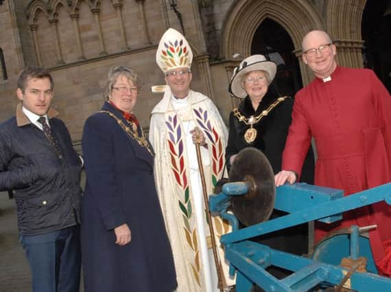 Regional Director of the NFU Adam Bedford with deputy Mayor of Harrogate Coun. Pauline Willoughby, The Bishop of Huddersfield Jonathan Gibbs, The Mayor of Ripon Coun. Pauline McHardy and Cannon. Barry Pyke.