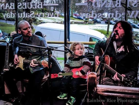 Reunion - Legendary Harrogate band Purple Mushrooms are back! John Harrison and Tom Syson share the stage at the Blues Bar with a very young fan! (Picture by Rainbow Rice Photography)