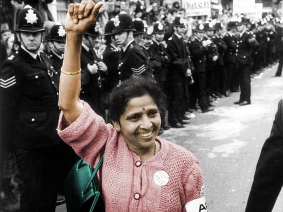 Inspiration for a new play -  Mrs Jayaben Desai, leader of Asian womens strike, pictured at the Grunwick film processing factory in London in 1977.