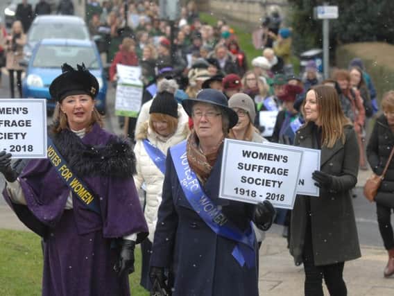 The Mayor of the Borough of Harrogate, Coun Anne Jones, and deputy Mayor Christine Willoughby lead the march through town.