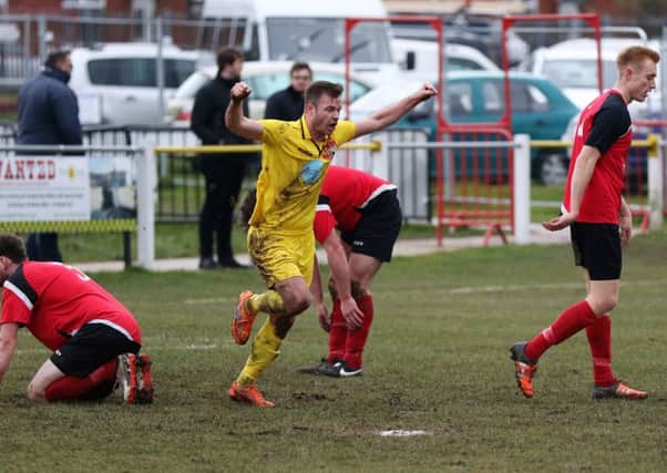 Steve Bromley celebrates after giving Knaresborough Town the lead at Ollerton. Picture: Craig Dinsdale