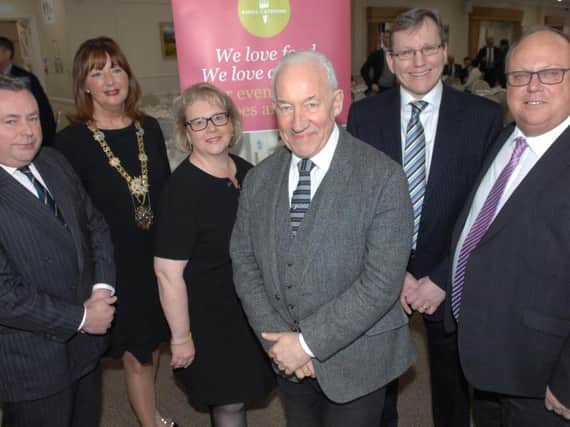Simon Callow with Duncan Williams (Williams Investment Management), The Mayor of the Borough of Harrogate Coun Anne Jones, Patsy King (Kings Catering Company), Paul Varley (Lloyds Bank) and Howard Matthews (Howard Matthews Partnership). Picture by Adrian Murray