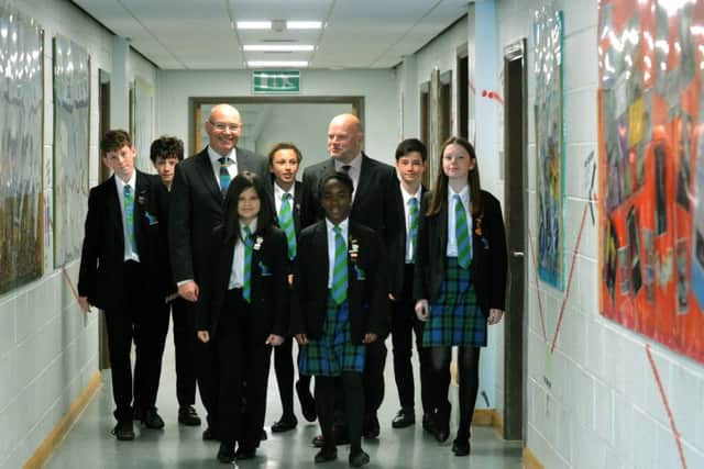 040517     Pupils from Boston Spa School,  with their headteacher Mr Christopher Walsh ( middle left)  and Sir  John Townsley the  Gorse Academies Trust Chief Executive (right)   For education page..