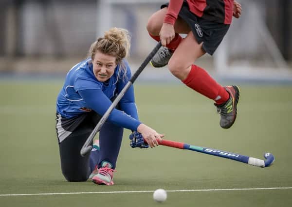 Harrogate Ladies 2s strike for goal during Saturday's defeat to Dewsbury. Picture: Caught Light Photography