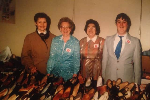 Third in from the left: Ada Burton manning the shoe stall at the nearly new sale years ago.