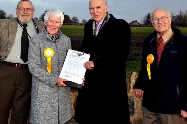 The leader of the Liberal Democrats Sir Vince Cable, with Geoff Webber, Lib Dem County Coun and Constituency Chairman, Coun Pat Marsh, leader of the Lib Dems on Harrogate Borough Council, and Bill Hoult, Deputy Chairman of the constituency party.