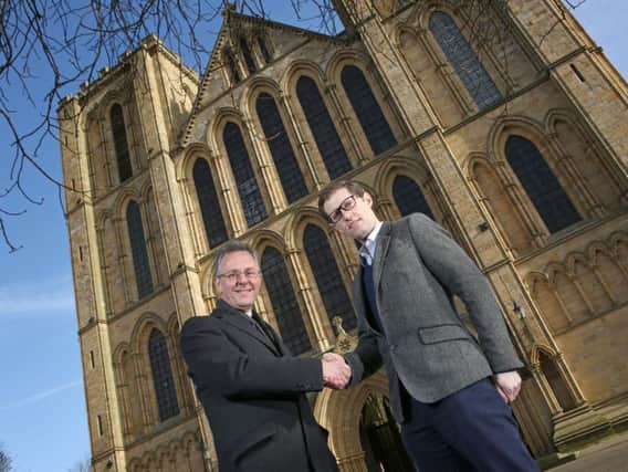 Biker Group Managing Director Ben Biker and the Dean of Ripon, the Very Reverend John Dobson, outside Ripon Cathedral.