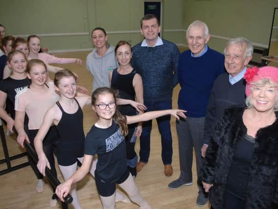 Chairman of the Hugh Ripley Hall Committee Coun Andrew Williams with the Deputy Mayoress of Ripon, Jill Powell, the Deputy Mayor of Ripon Coun Charlie Powell, Richard Willis (vice chairman of The Hugh Ripley Hall committee),  Ripon Dance Academy Principal Carole Cundale, dance teacher Abigail O'Brien and dance students in the recently refurbished hall.(1802274AM1).