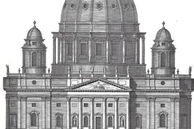An (unbuilt) design by Colen Campbell for a London church, from Vitruvius Britannicus, 1715.
