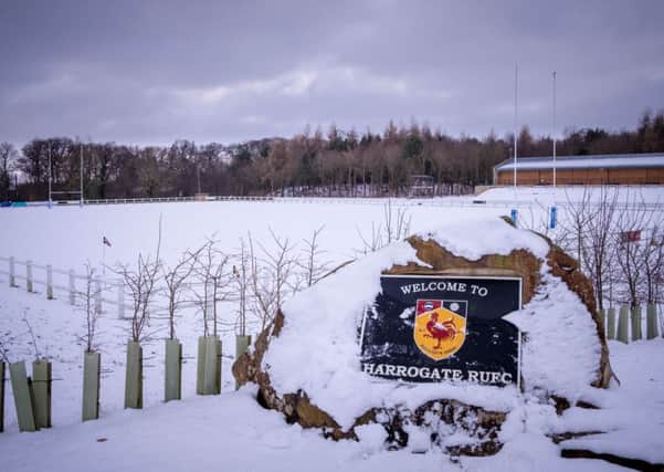 The Stratstone Stadium, home of Harrogate RUFC, is covered in snow. Picture: Caught Light Photography