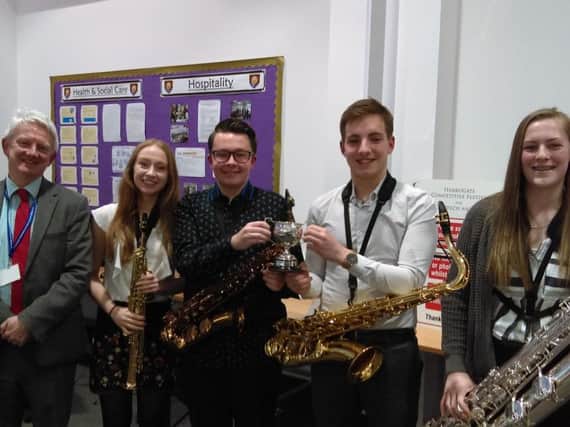 Rossett School Saxophone Quartet  with their adjudicator Malcolm Green