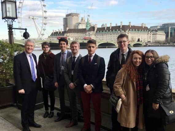 Left to right  MP Andrew Jones, Deputies; Izzy Wood and Ed Lee, Head Boy: George Kendall, Deputies; Tom Godfrey and Jacob Connell, Head Girl: Ellen Young and Amy Wotherspoon.