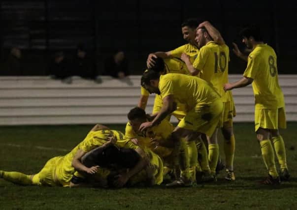 Boro players celebrate Sam Cook's 86th-minute goal against Shirebrook. Picture: Craig Dinsdale