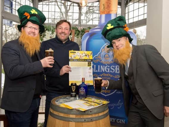 Awards organisers from Destination Harrogate David Ritson (right), and Simon Cotton (left) enjoy toasting St Patrick the patron saint of Ireland with Marcus Black (Centre) from Slingsby (s).