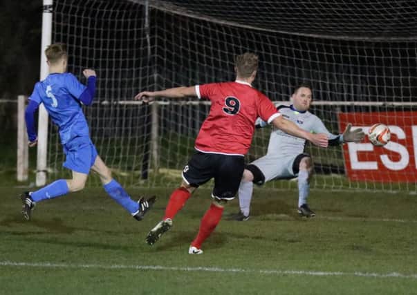 Nick Black fires home Boro's second goal against Rossington Main. Picture: Craig Dinsdale
