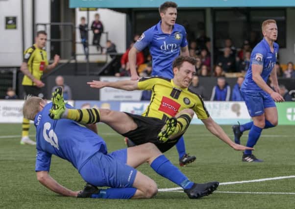 Jack Emmett fires Harrogate Town into an 18th-minute lead at the CNG Stadium. Picture: Town Pix
