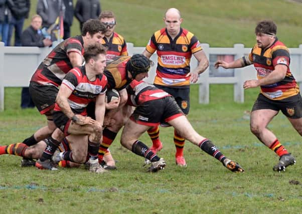 Harrogate RUFC and Ilkley battle it out during Saturday's derby showdown at the Stratstone Stadium. Picture: Richard Bown