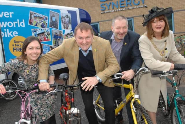 Manager of the Welcome To Yorkshire and Yorkshire Bank Bike Libraries, Rachel Davies, CEO Welcome To Yorkshire, Sir Gary Verity, Managing Director of Synergy Automotive, Paul Parkinson, Mayor of Harrogate, Councillor Anne Jones.