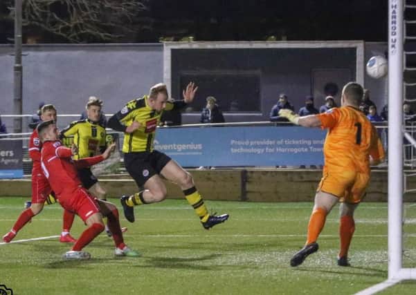 Mark Beck nets Harrogate Town's late consolation against Spennymoor. Picture: Town Pix