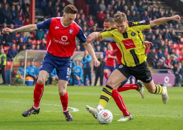 Jake Wright scored Harrogate Town's first goal in their derby win over York City. Picture: Town Pix