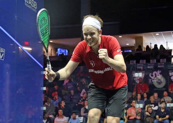 James Willstrop is celebrating winning a gold medal at the 2018 Commonwealth Games. Picture: Squashpics.com