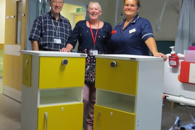 FOHH committee members and Byland Ward Manager Tammy Gotts with some of the dementia friendly cabinets which have also recently been installed on Byland Ward.