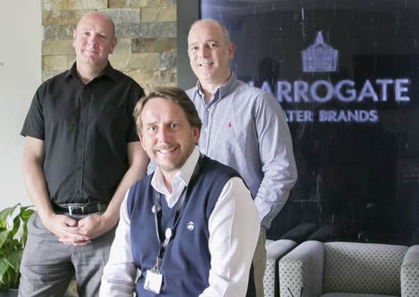 Harrogate Water Brands' chief executive James Cain with production director Simon Knaggs, left, and finance director Damien Wilkinson.
