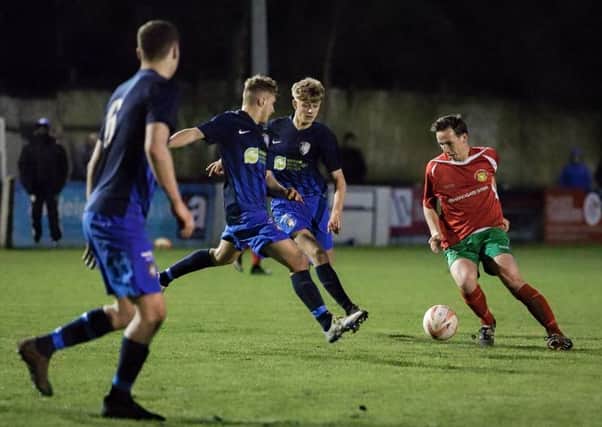 Michael Thompson in action for Harrogate Railway during Monday's home loss to Worksop. Picture: Caught Light Photography