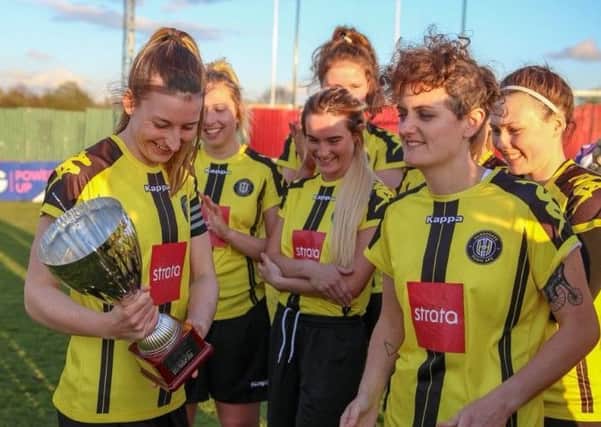 Harrogate Town Ladies were presented with their league winners' trophy at Station View. Picture: Town Pix