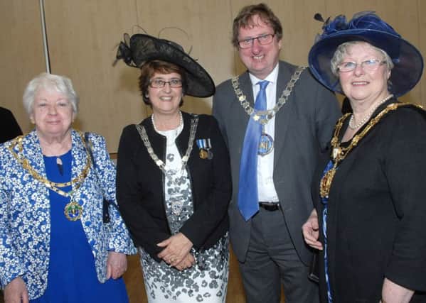 NAWN 1804293AM5 Wetherby Civic Service. The Mayor of Tadcaster Coun. Margaret Middlemiss, The Mayor of Wetherby Coun. Norma Harrington, The Mayor of Knaresborough Coun. David Goode and The Mayor of Ripon Coun. Pauline McHardy.  (1804293AM5)