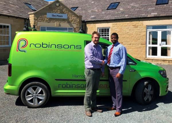 Leeds-based First Response Group (FRG) has acquired 100 per cent share capital of Harrogate-based Robinsons M & E (RME), creating a Â£25m turnover group.
Pictured: RME managing director Luke Kitchen (left) with Edgar Chibaka, director at FRG.