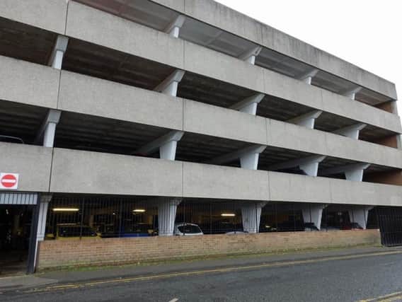 Then - The 1970s multi-storey car park at Tower Street in Harrogate as it looked in its original  modernist  concrete prime.