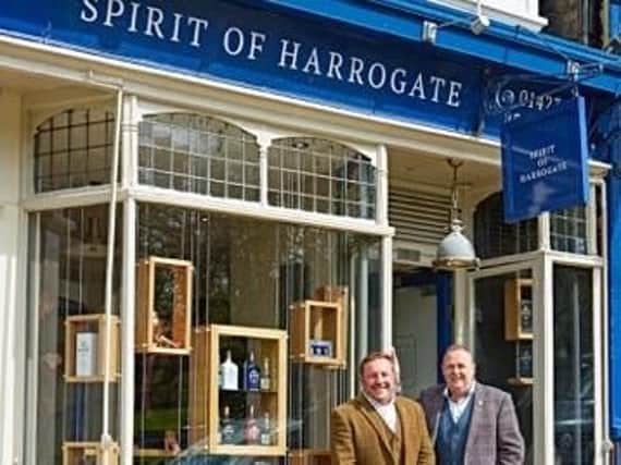 Lift-off! The co-founders of Slingby Gin Marcus Black and Mike Carthy outside their Harrogate shop, Spirit of Harrogate.