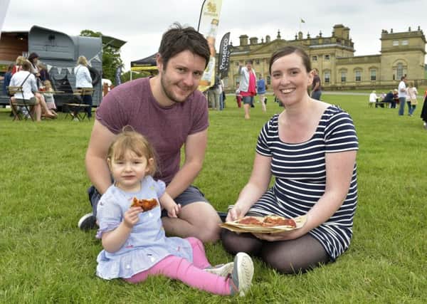 The Great British Food festival at Harewood sat 26th may 2018. open till Banl Holiday Monday
Little Maya Flockton aged 2 of Alwoodley tucks in with parents Scott and Hannah